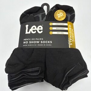 Lee Men's 20 Pairs No Show Socks Black Shoe Size 6-12 Polyester